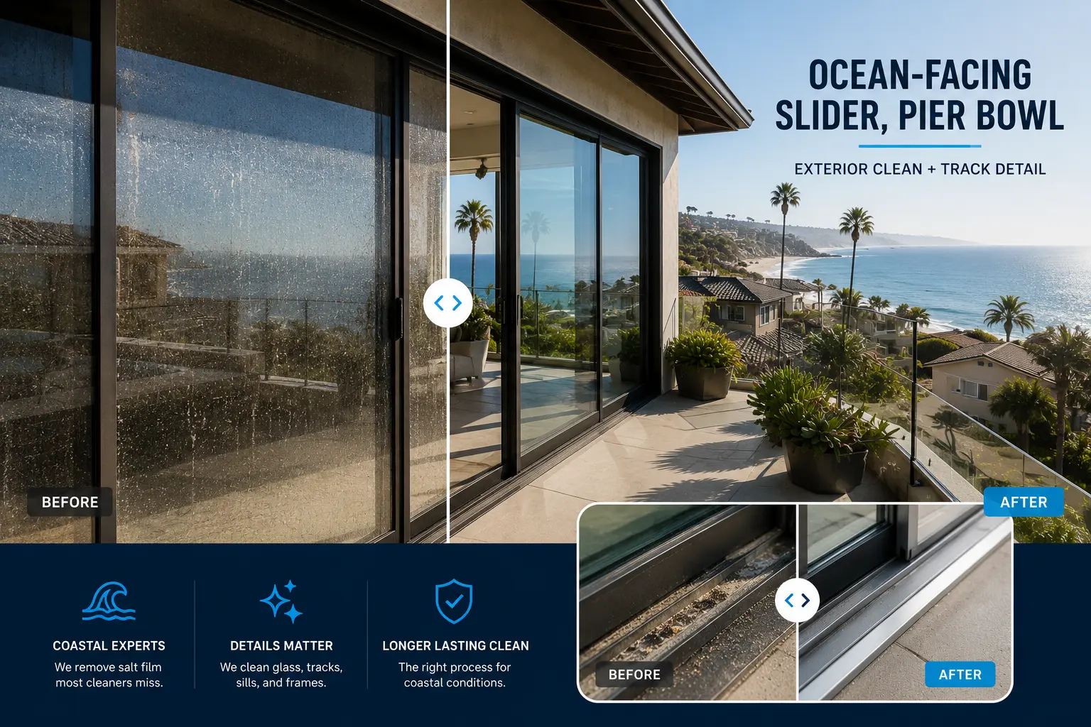 Ocean-facing slider, Pier Bowl — exterior clean + track detail Ocean-facing slider, Pier Bowl — exterior clean + track detail