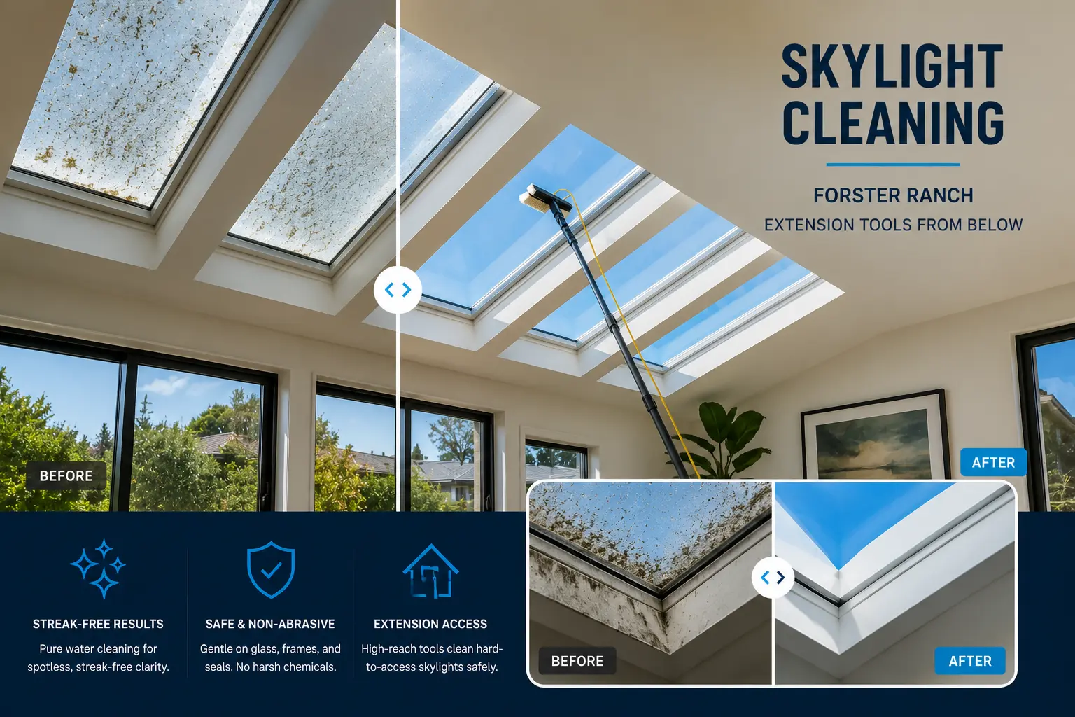 Skylight cleaning, Forster Ranch — extension tools from below Skylight cleaning, Forster Ranch — extension tools from below